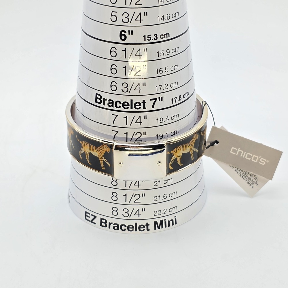 New! CHICO'S Luna Bracelet Tiger Print Wide Bangle Enamel Silver Tone New W Tags - Picture 5 of 6